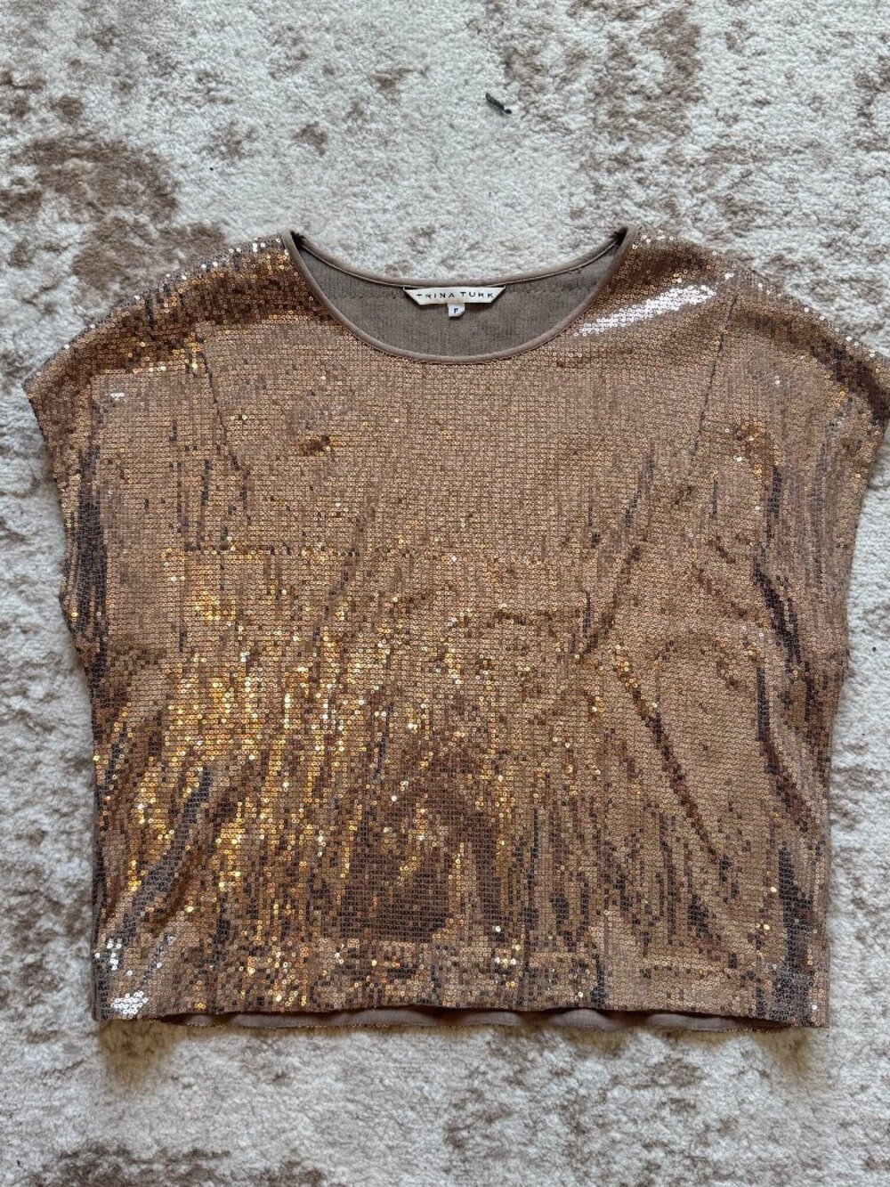 Trina Turk Short Sleeve Boxy Gold Sequin Top Size P